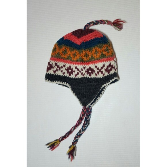 Fair Isle Earflap Knit Hat with Braids Multicolor Fleece Lining Chullo Ski - Picture 2 of 4